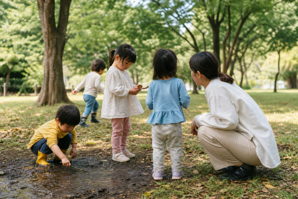 木々のある公園で少人数の子どもたちが泥や落ち葉に触れ、保育者が目線を合わせて見守るイメージ画像
