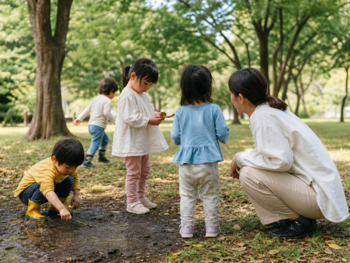 木々のある公園で少人数の子どもたちが泥や落ち葉に触れ、保育者が目線を合わせて見守るイメージ画像