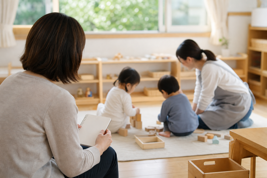 保育園見学で保育者と子どもの関わりをノートに整理する保護者のイメージ