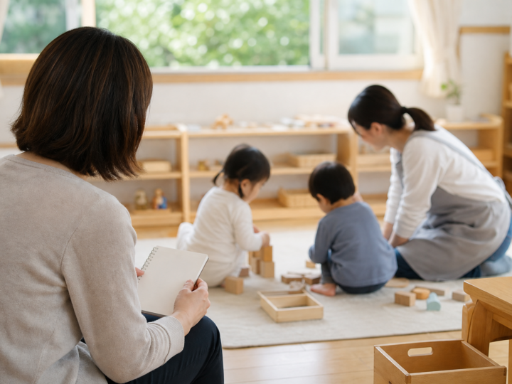 保育園見学で保育者と子どもの関わりをノートに整理する保護者のイメージ