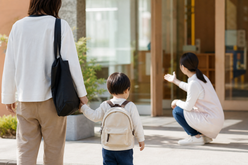 保育園の玄関で保護者と手をつなぎ、迎える保育者を見る子どものイメージ