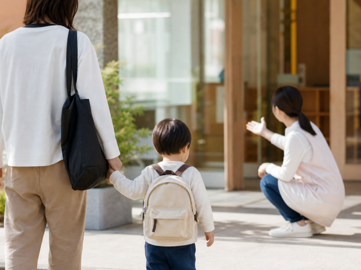 保育園の玄関で保護者と手をつなぎ、迎える保育者を見る子どものイメージ