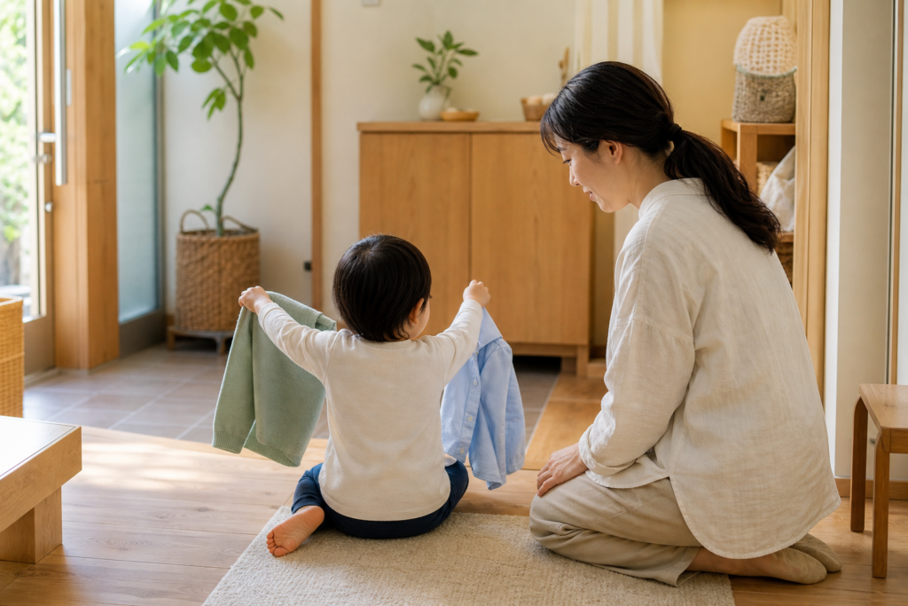 二つの服から着たい服を選ぶ子どもをそばで待つ保護者のイメージ