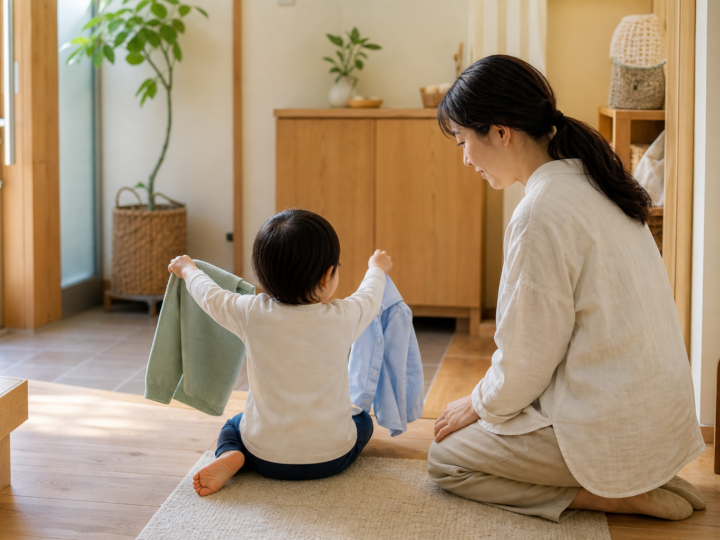 二つの服から着たい服を選ぶ子どもをそばで待つ保護者のイメージ