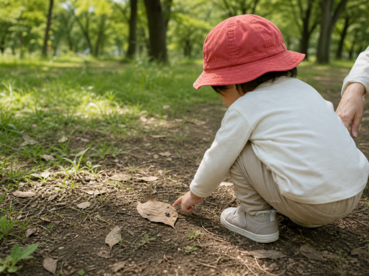 公園の土の上で落ち葉と小さな虫を見つめる子どものイメージ