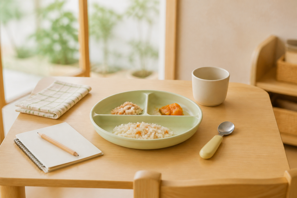 子ども向けの食事と記録用ノートを木のテーブルに置いたイメージ