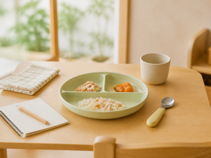 子ども向けの食事と記録用ノートを木のテーブルに置いたイメージ