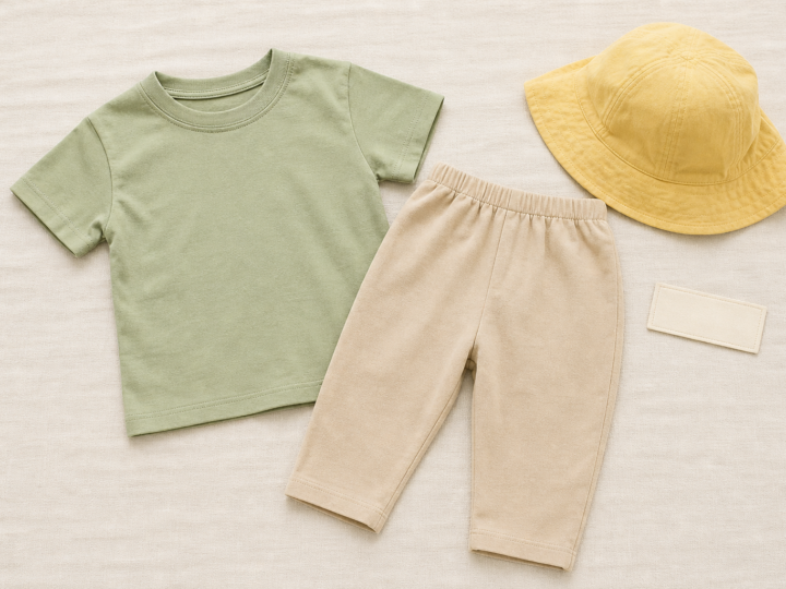 無地のTシャツとゴムウエストのズボン、帽子を平置きしたイメージ